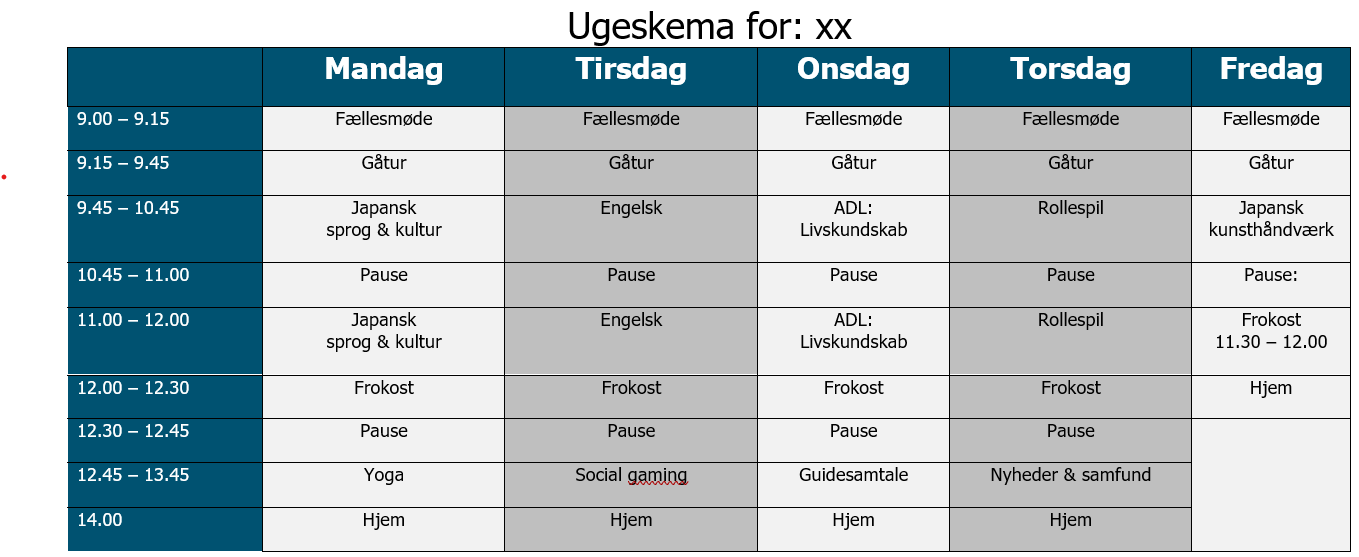 Her ses et eks. på en elevs ugeskema fra mandag til fredag
